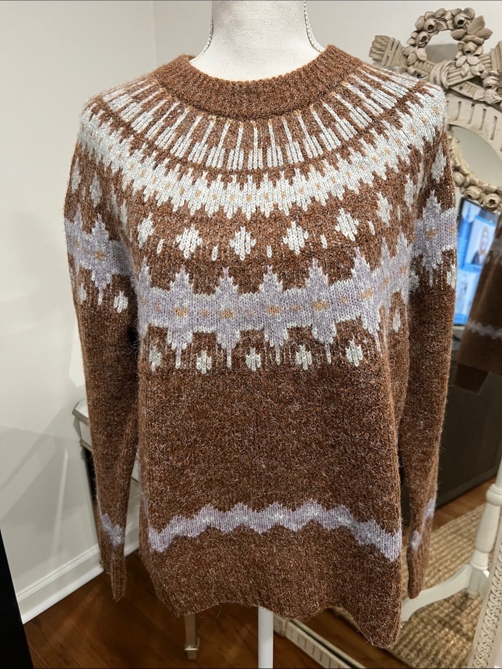 Joie Brown Fair Isle Scoopneck Sweater with Cream, Blue & Lavender Accents